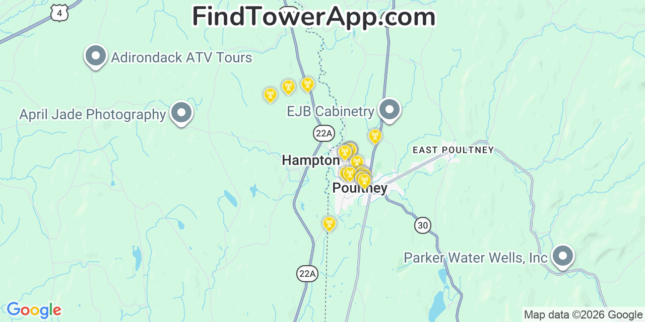 Map showing the 20 primary cell tower locations detected in Poultney, Vermont from AT&T, Verizon, and T-Mobile networks