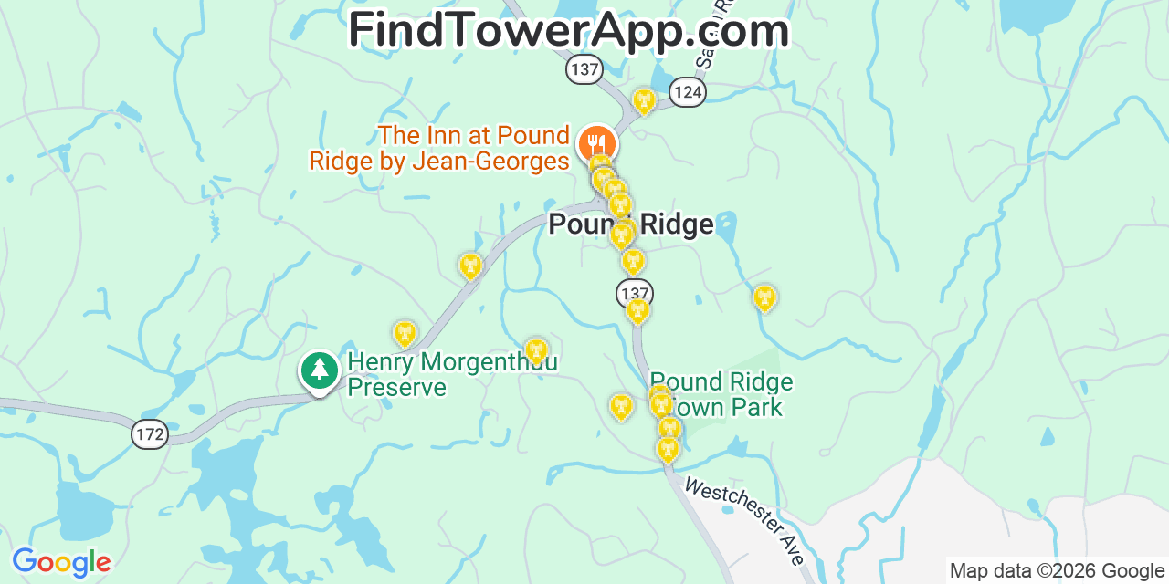 Map showing the 20 primary cell tower locations detected in Pound Ridge, New York from AT&T, Verizon, and T-Mobile networks