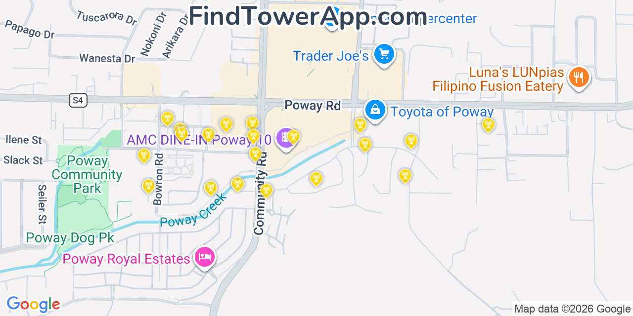 Map showing the 20 primary cell tower locations detected in Poway, California from AT&T, Verizon, and T-Mobile networks