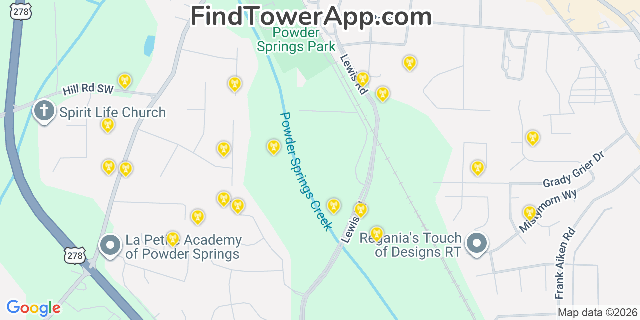 Map showing the 20 primary cell tower locations detected in Powder Springs, Georgia from AT&T, Verizon, and T-Mobile networks