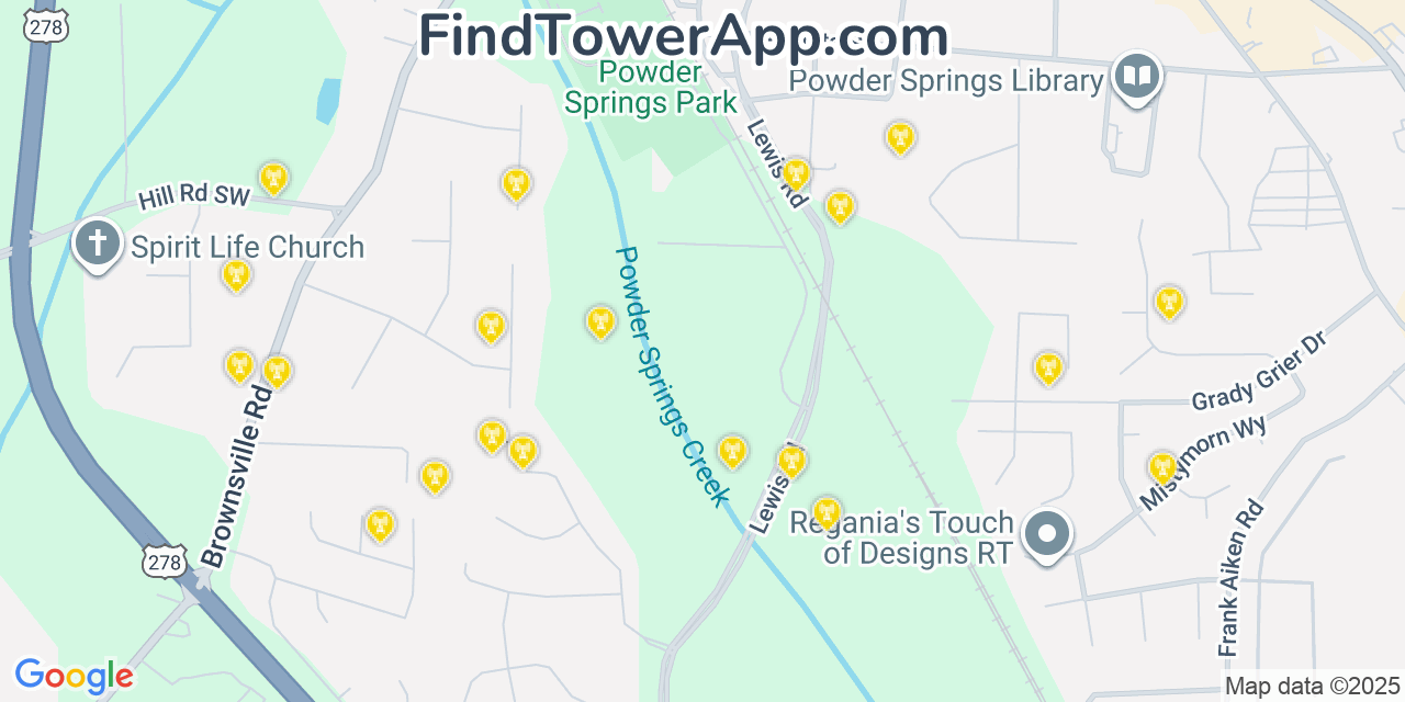 Map showing the 20 primary Mobitel cell tower locations detected in Powder Springs, Georgia with coverage radius and signal strength indicators