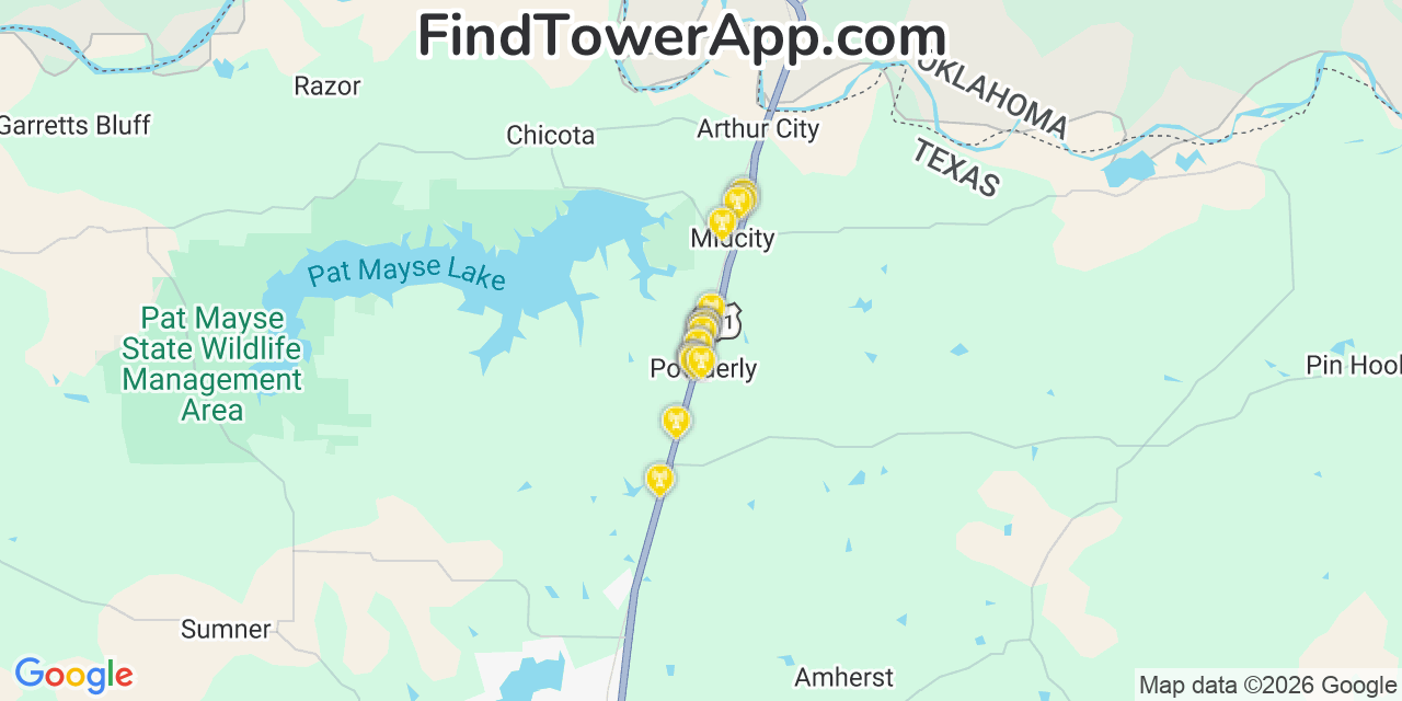 Map showing the 20 primary cell tower locations detected in Powderly, Texas from AT&T, Verizon, and T-Mobile networks