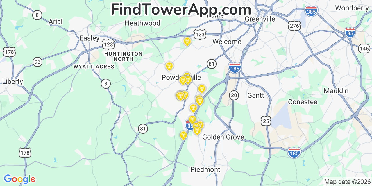 Map showing the 20 primary cell tower locations detected in Powdersville, South Carolina from AT&T, Verizon, and T-Mobile networks