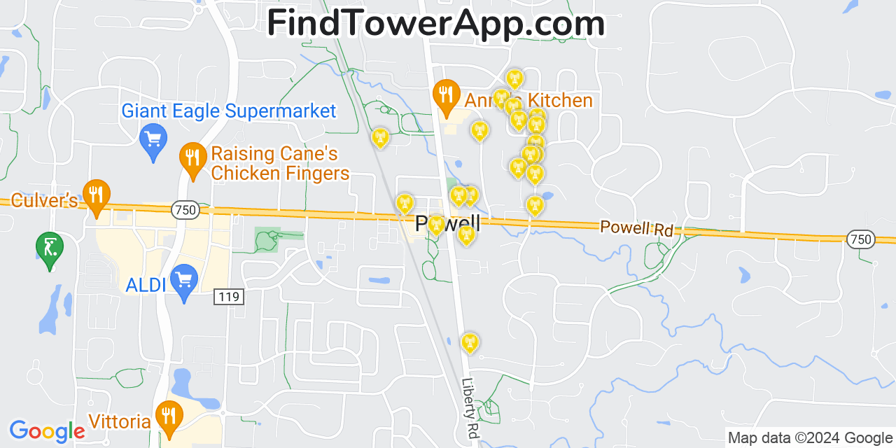 AT&T 4G/5G cell tower coverage map Powell, Ohio