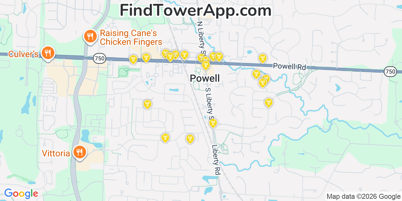 Map showing the 20 primary cell tower locations detected in Powell, Ohio from AT&T, Verizon, and T-Mobile networks