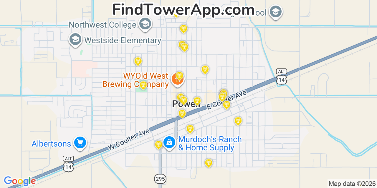 Map showing the 20 primary cell tower locations detected in Powell, Wyoming from AT&T, Verizon, and T-Mobile networks