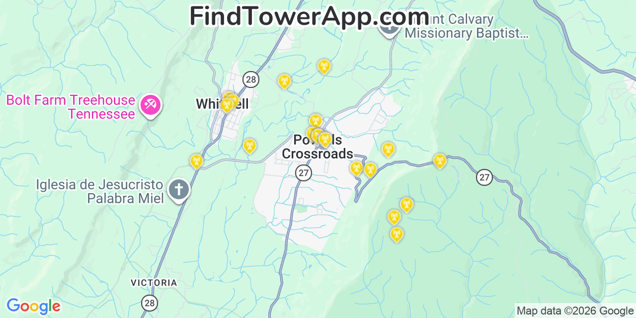 Map showing the 20 primary cell tower locations detected in Powells Crossroads, Tennessee from AT&T, Verizon, and T-Mobile networks