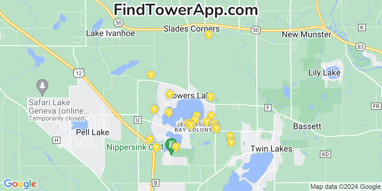 AT&T 4G/5G cell tower coverage map Powers Lake, Wisconsin