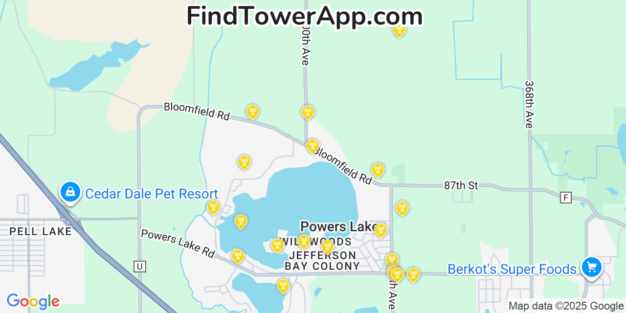 Map showing the 20 primary cell tower locations detected in Powers Lake, Wisconsin from AT&T, Verizon, and T-Mobile networks