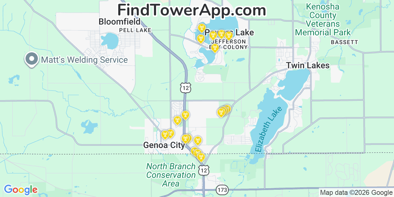 Map showing the 20 primary cell tower locations detected in Powers Lake, Wisconsin from AT&T, Verizon, and T-Mobile networks