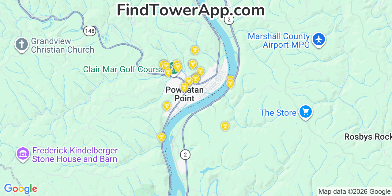 Map showing the 20 primary cell tower locations detected in Powhatan Point, Ohio from AT&T, Verizon, and T-Mobile networks