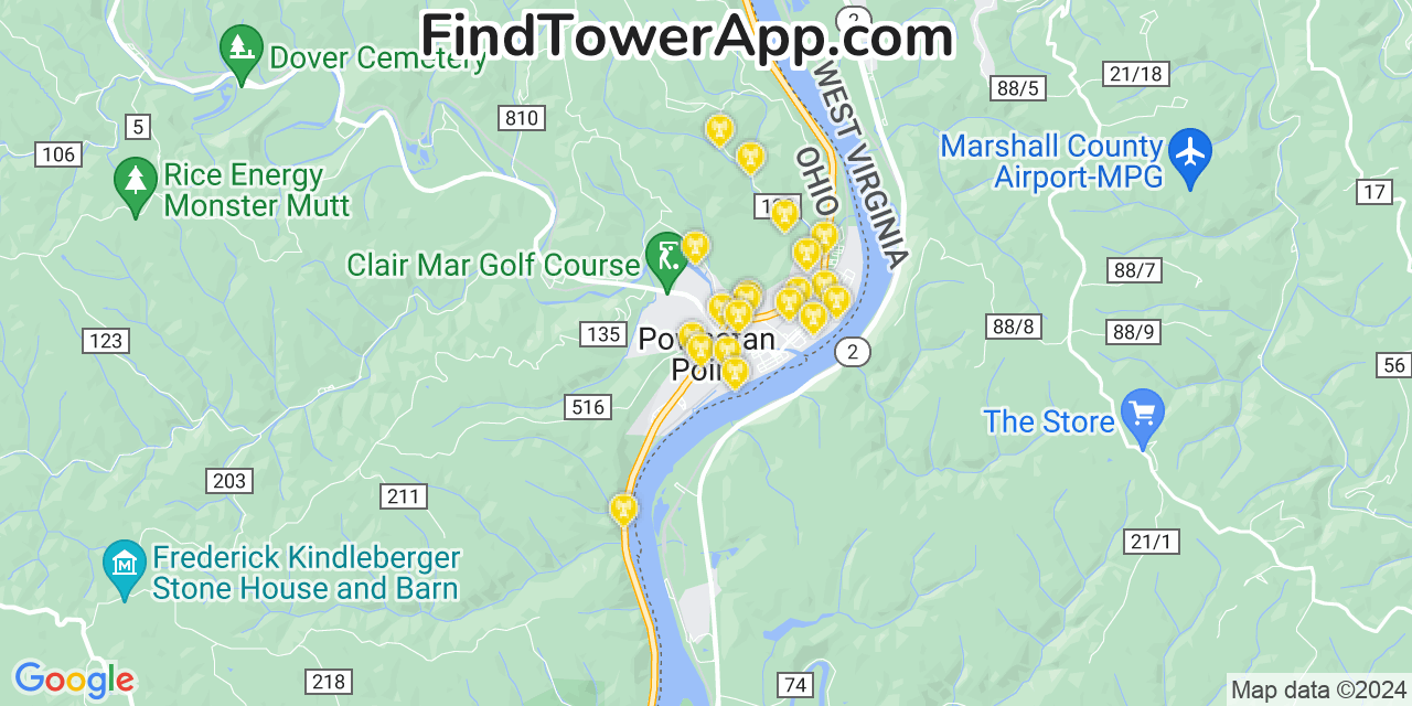 Verizon 4G/5G cell tower coverage map Powhatan Point, Ohio