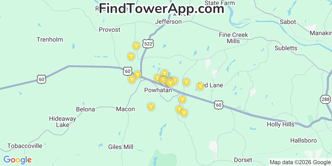 Map showing the 20 primary cell tower locations detected in Powhatan, Virginia from AT&T, Verizon, and T-Mobile networks