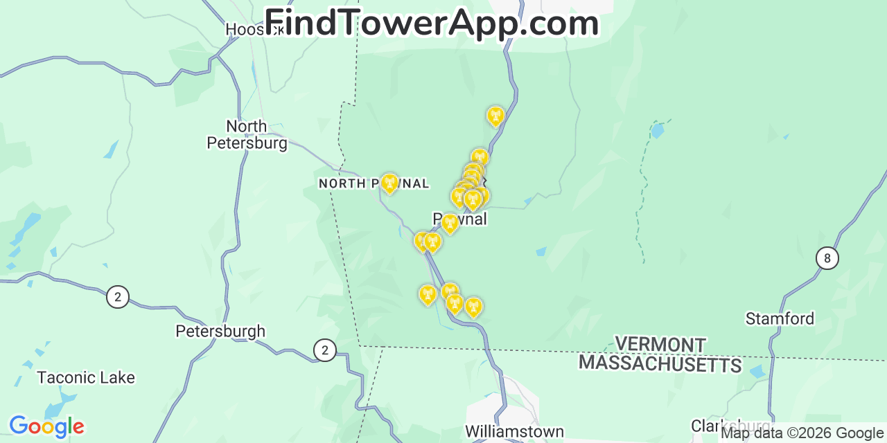 Map showing the 20 primary cell tower locations detected in Pownal, Vermont from AT&T, Verizon, and T-Mobile networks