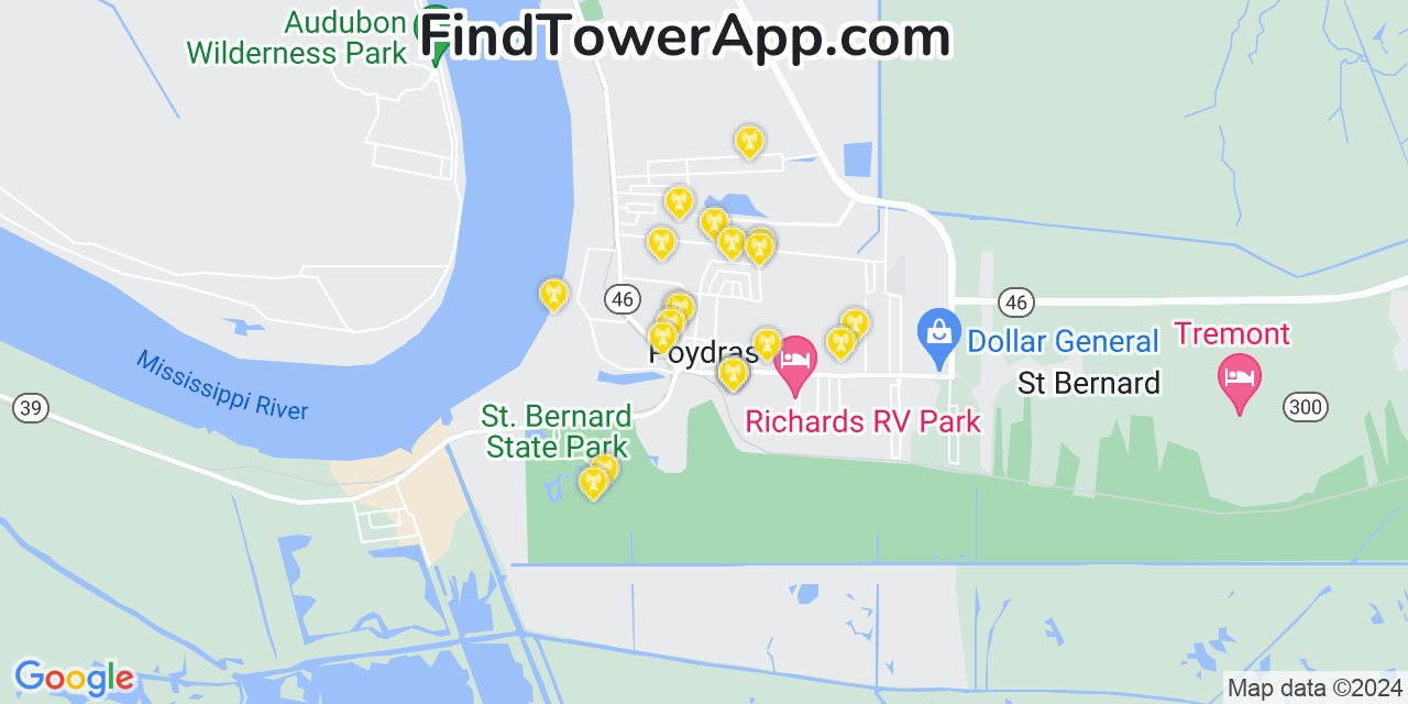 AT&T 4G/5G cell tower coverage map Poydras, Louisiana