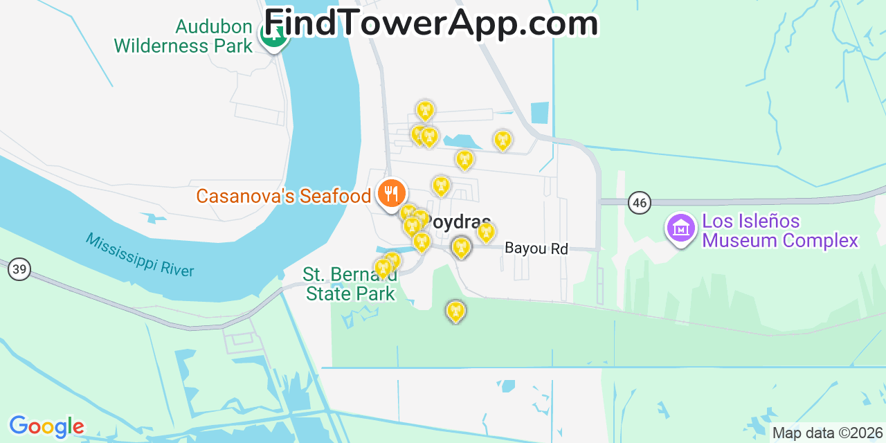 Map showing the 20 primary cell tower locations detected in Poydras, Louisiana from AT&T, Verizon, and T-Mobile networks