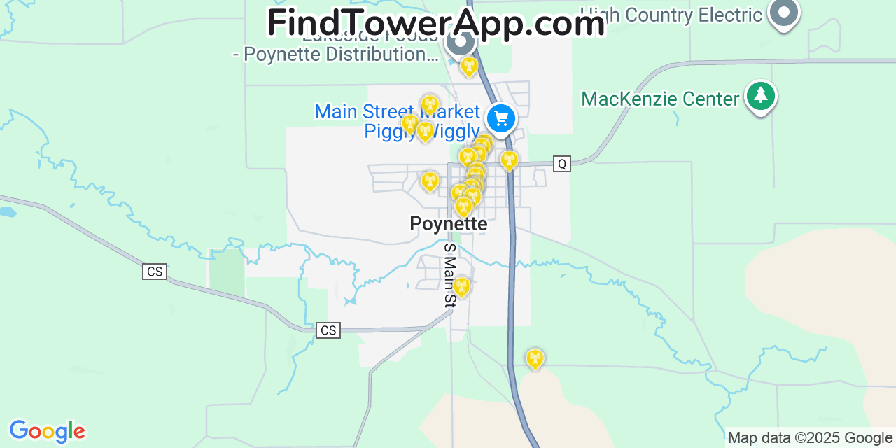 Map showing the 20 primary cell tower locations detected in Poynette, Wisconsin from AT&T, Verizon, and T-Mobile networks