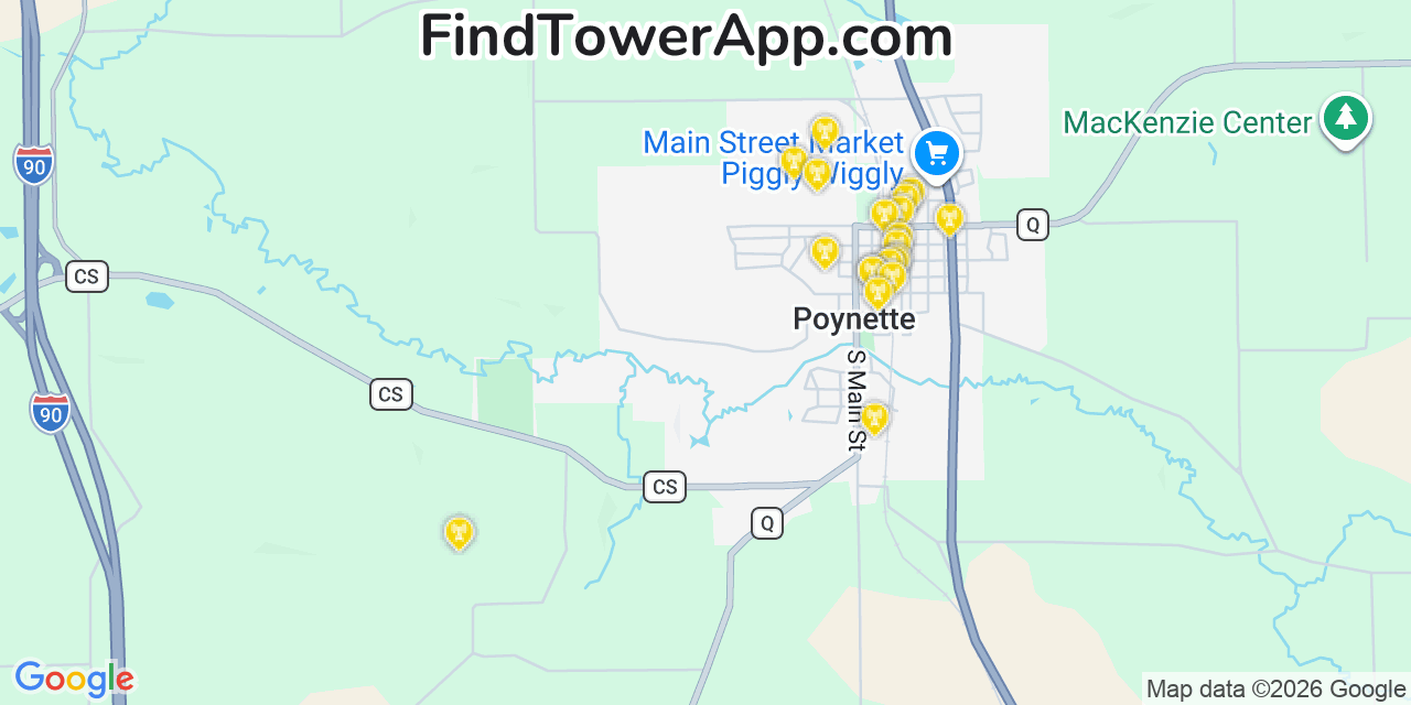Map showing the 20 primary cell tower locations detected in Poynette, Wisconsin from AT&T, Verizon, and T-Mobile networks
