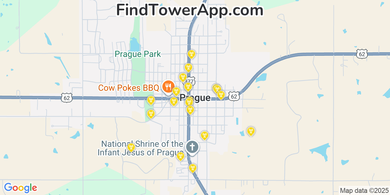 Map showing the 20 primary cell tower locations detected in Prague, Oklahoma from AT&T, Verizon, and T-Mobile networks
