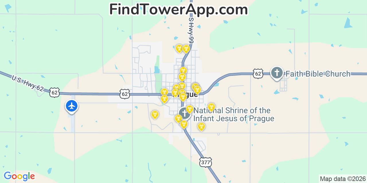 Map showing the 20 primary cell tower locations detected in Prague, Oklahoma from AT&T, Verizon, and T-Mobile networks