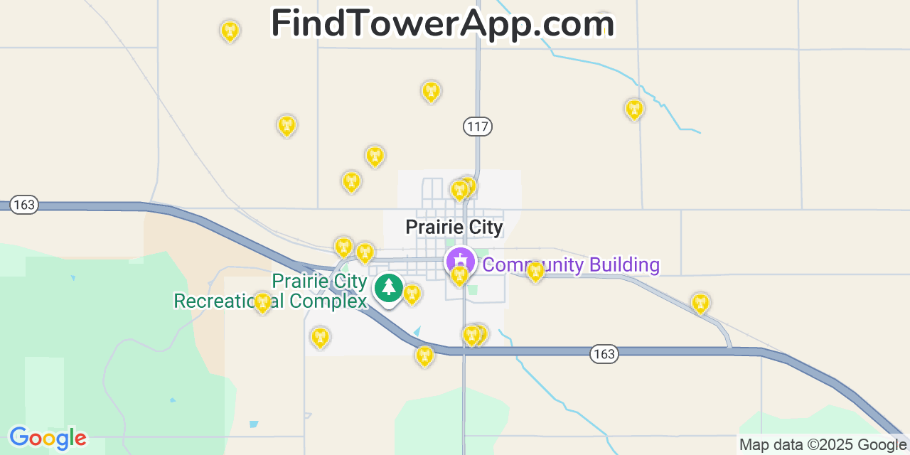 Map showing the 20 primary cell tower locations detected in Prairie City, Iowa from AT&T, Verizon, and T-Mobile networks