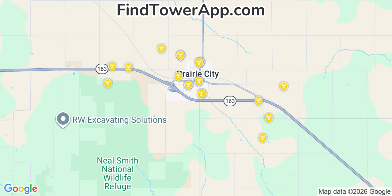 Map showing the 20 primary cell tower locations detected in Prairie City, Iowa from AT&T, Verizon, and T-Mobile networks