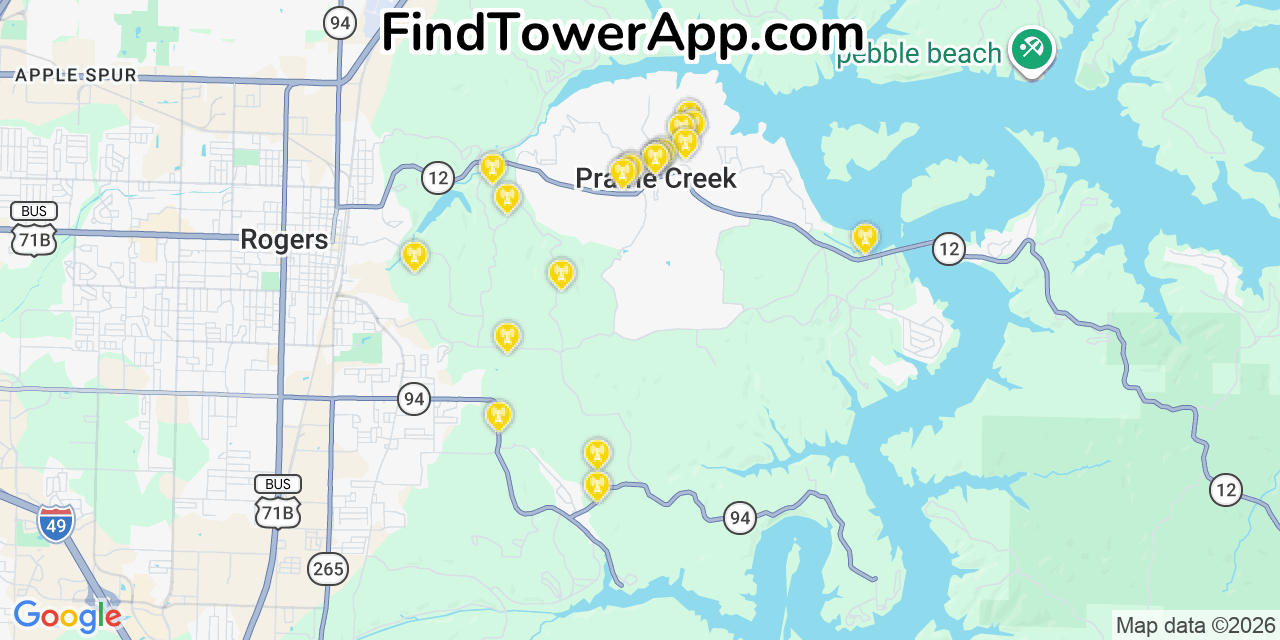 Map showing the 20 primary cell tower locations detected in Prairie Creek, Arkansas from AT&T, Verizon, and T-Mobile networks