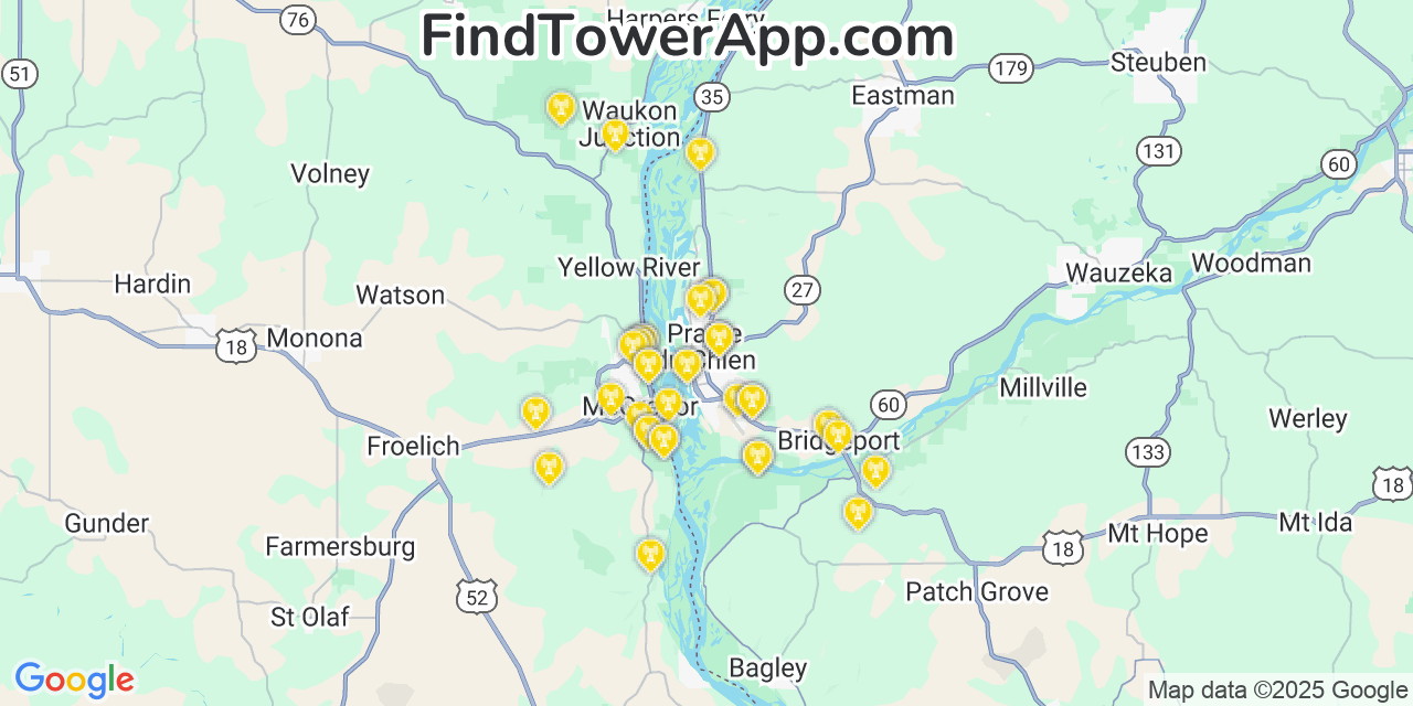Map showing the 37 primary AT&T cell tower locations detected in Prairie Du Chien, Wisconsin with coverage radius and signal strength indicators