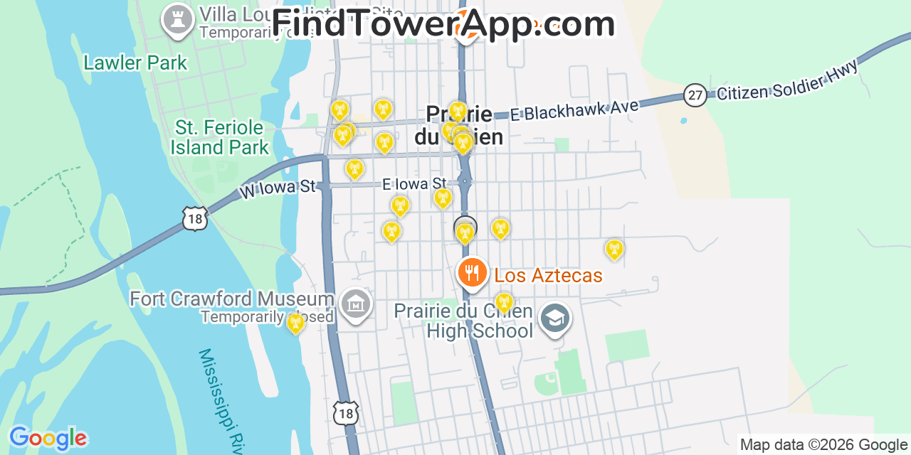Map showing the 20 primary cell tower locations detected in Prairie Du Chien, Wisconsin from AT&T, Verizon, and T-Mobile networks