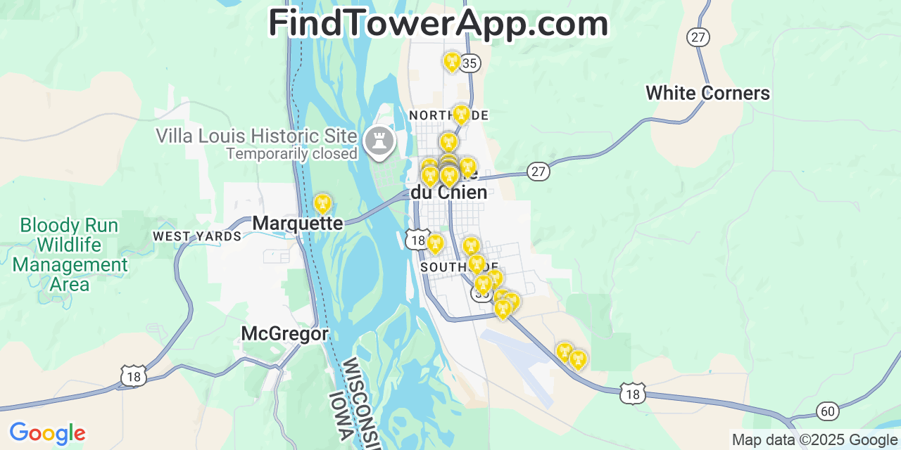 Map showing the 31 primary T-Mobile cell tower locations detected in Prairie Du Chien, Wisconsin with coverage radius and signal strength indicators