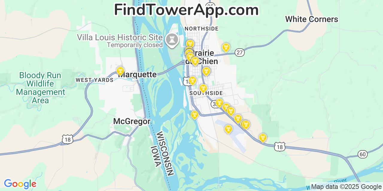 Map showing the 27 primary Verizon cell tower locations detected in Prairie Du Chien, Wisconsin with coverage radius and signal strength indicators