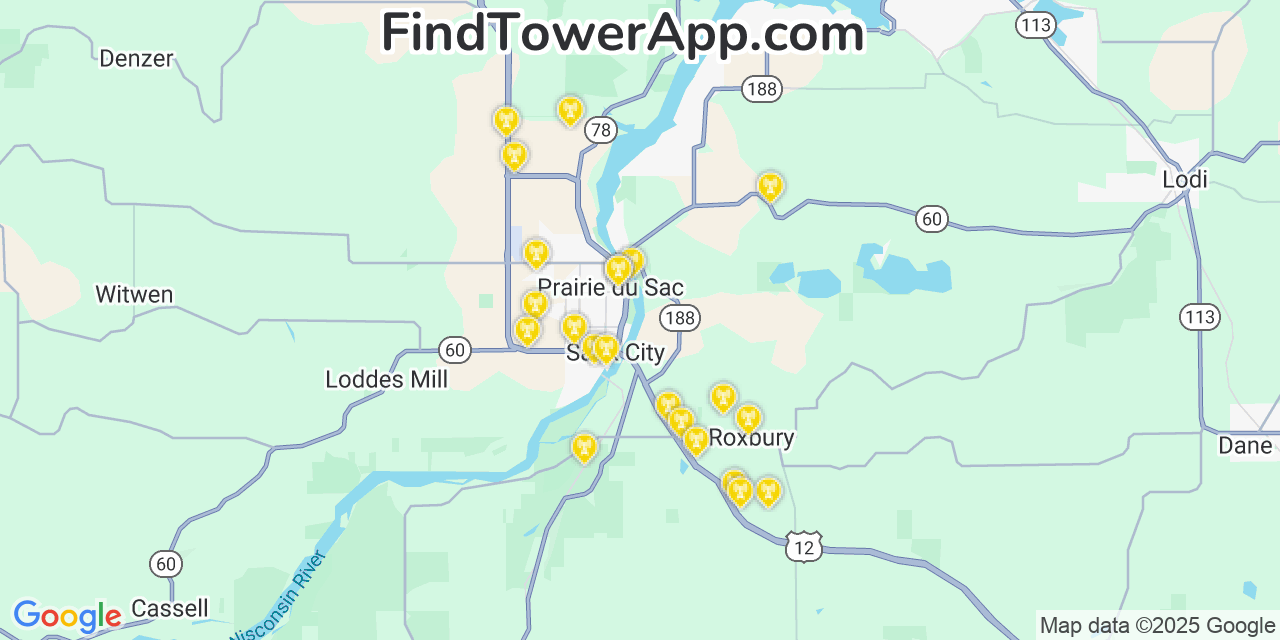 Map showing the 22 primary AT&T cell tower locations detected in Prairie Du Sac, Wisconsin with coverage radius and signal strength indicators