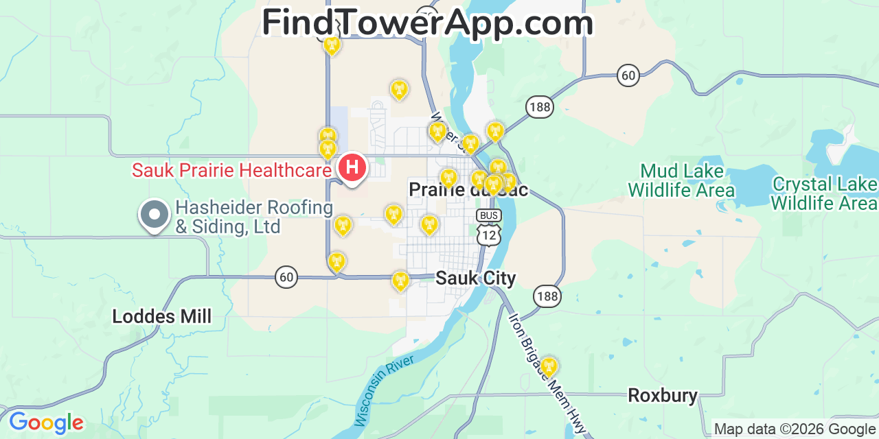 Map showing the 20 primary cell tower locations detected in Prairie Du Sac, Wisconsin from AT&T, Verizon, and T-Mobile networks