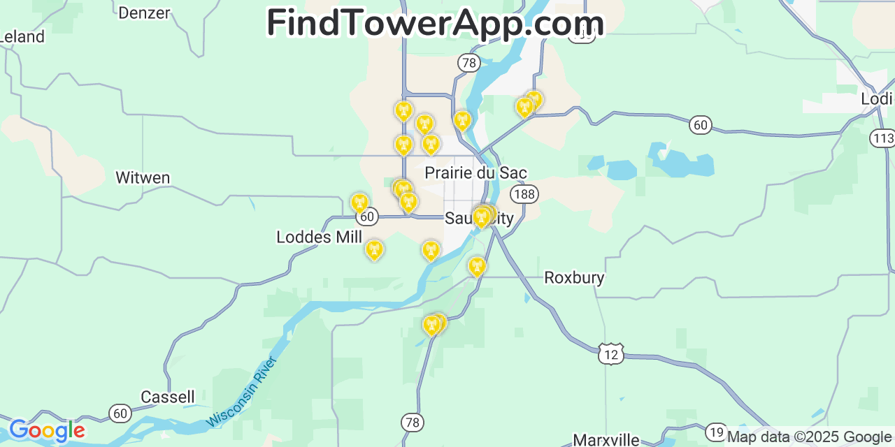 Map showing the 20 primary T-Mobile cell tower locations detected in Prairie Du Sac, Wisconsin with coverage radius and signal strength indicators