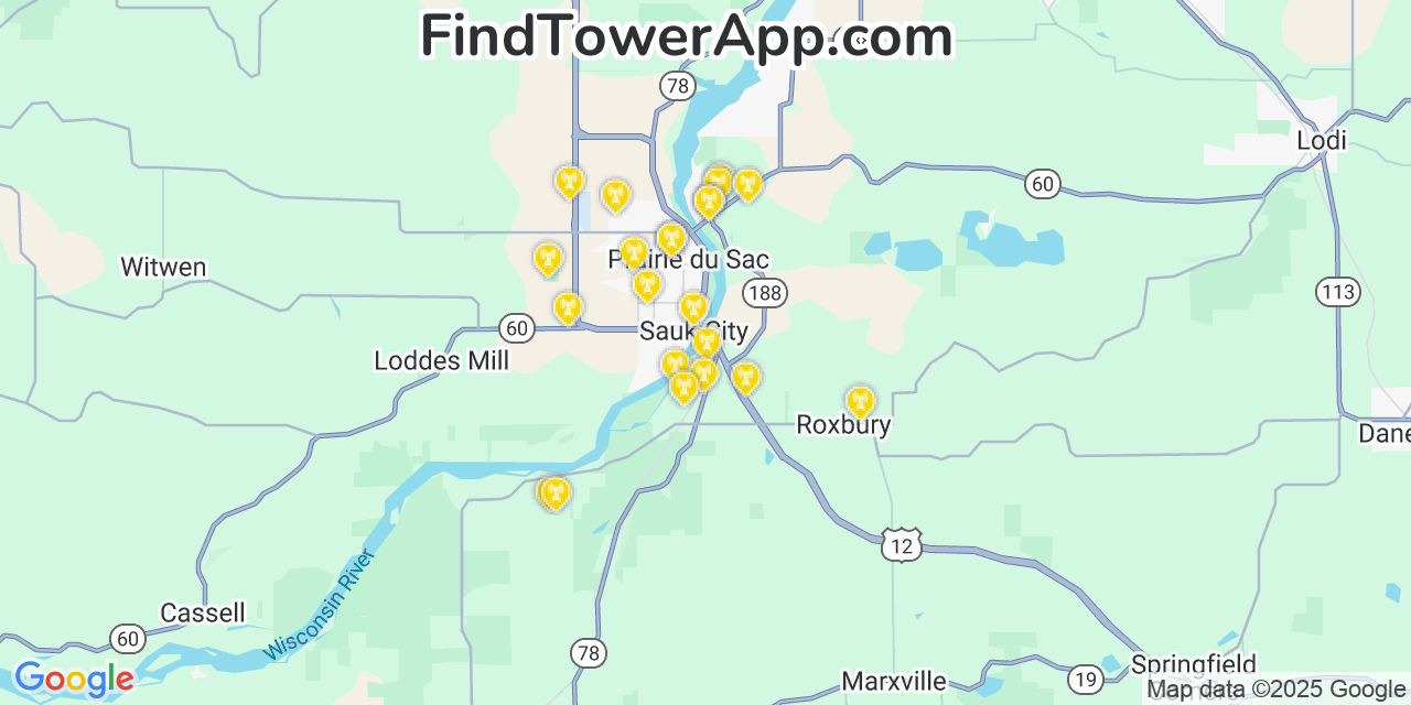 Map showing the 22 primary Verizon cell tower locations detected in Prairie Du Sac, Wisconsin with coverage radius and signal strength indicators