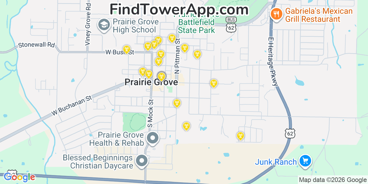 Map showing the 20 primary cell tower locations detected in Prairie Grove, Arkansas from AT&T, Verizon, and T-Mobile networks