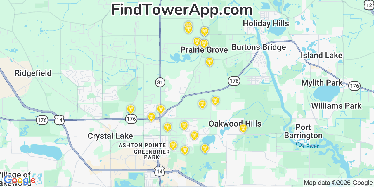 Map showing the 20 primary cell tower locations detected in Prairie Grove, Illinois from AT&T, Verizon, and T-Mobile networks