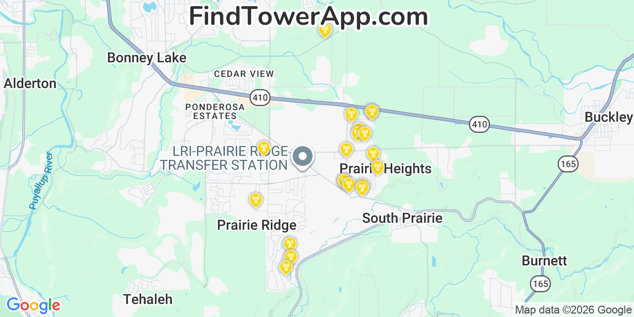 Map showing the 20 primary cell tower locations detected in Prairie Heights, Washington from AT&T, Verizon, and T-Mobile networks