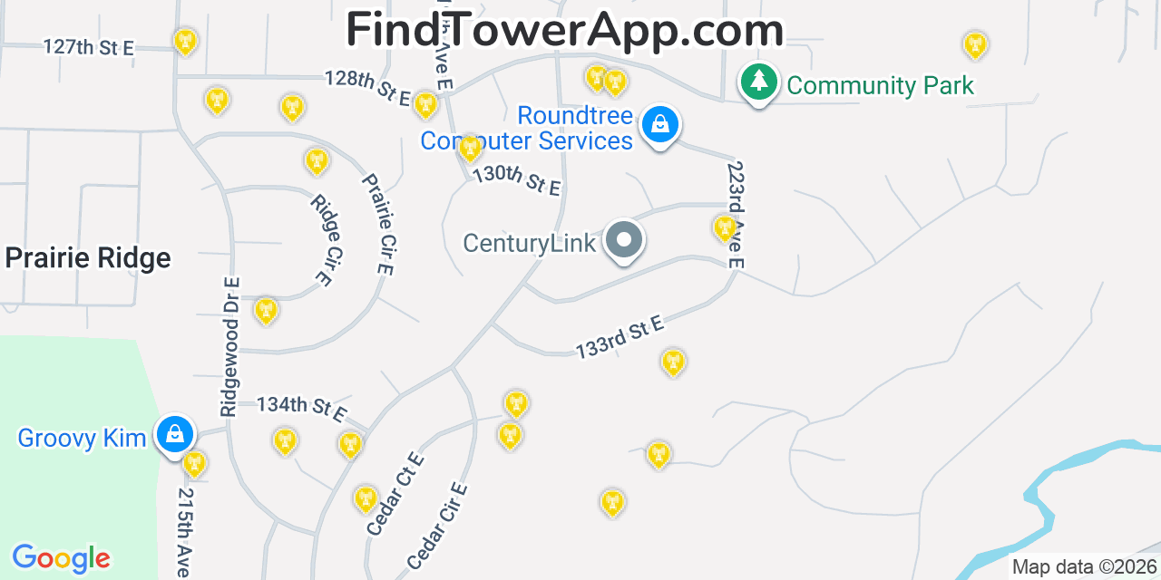 Map showing the 20 primary cell tower locations detected in Prairie Ridge, Washington from AT&T, Verizon, and T-Mobile networks