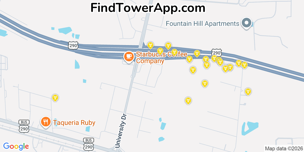 Map showing the 20 primary cell tower locations detected in Prairie View, Texas from AT&T, Verizon, and T-Mobile networks