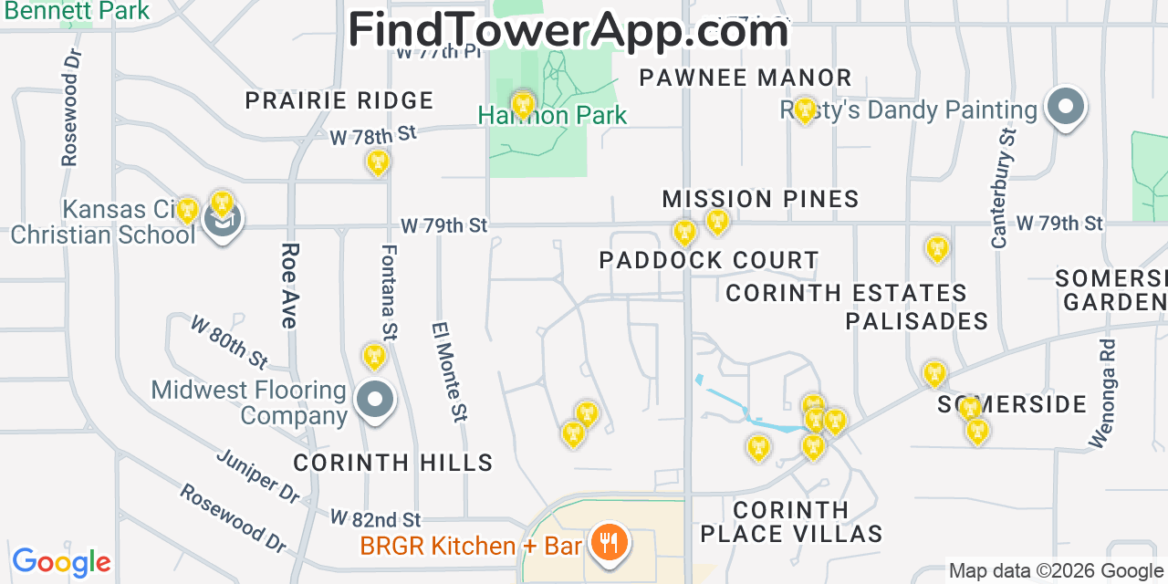 Map showing the 20 primary cell tower locations detected in Prairie Village, Kansas from AT&T, Verizon, and T-Mobile networks