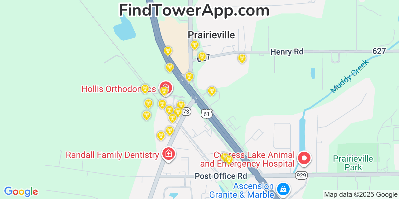 Map showing the 20 primary cell tower locations detected in Prairieville, Louisiana from AT&T, Verizon, and T-Mobile networks