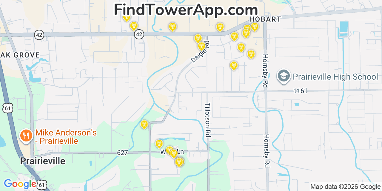 Map showing the 20 primary cell tower locations detected in Prairieville, Louisiana from AT&T, Verizon, and T-Mobile networks