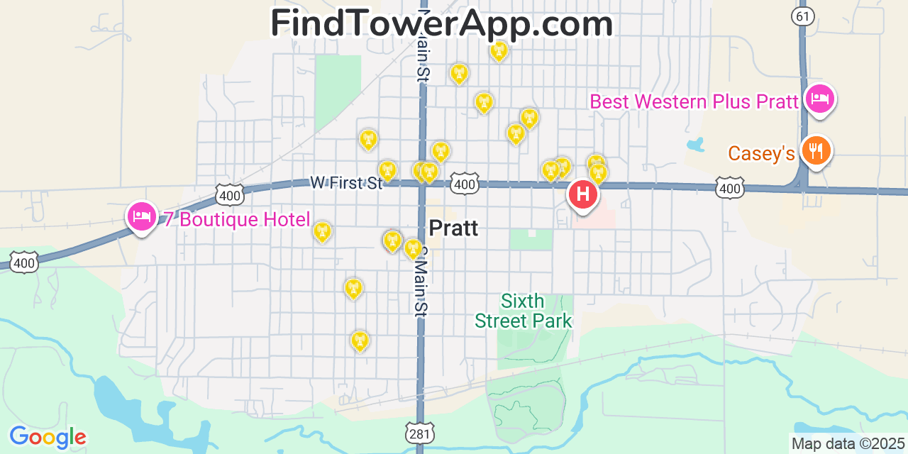 Map showing the 20 primary cell tower locations detected in Pratt, Kansas from AT&T, Verizon, and T-Mobile networks