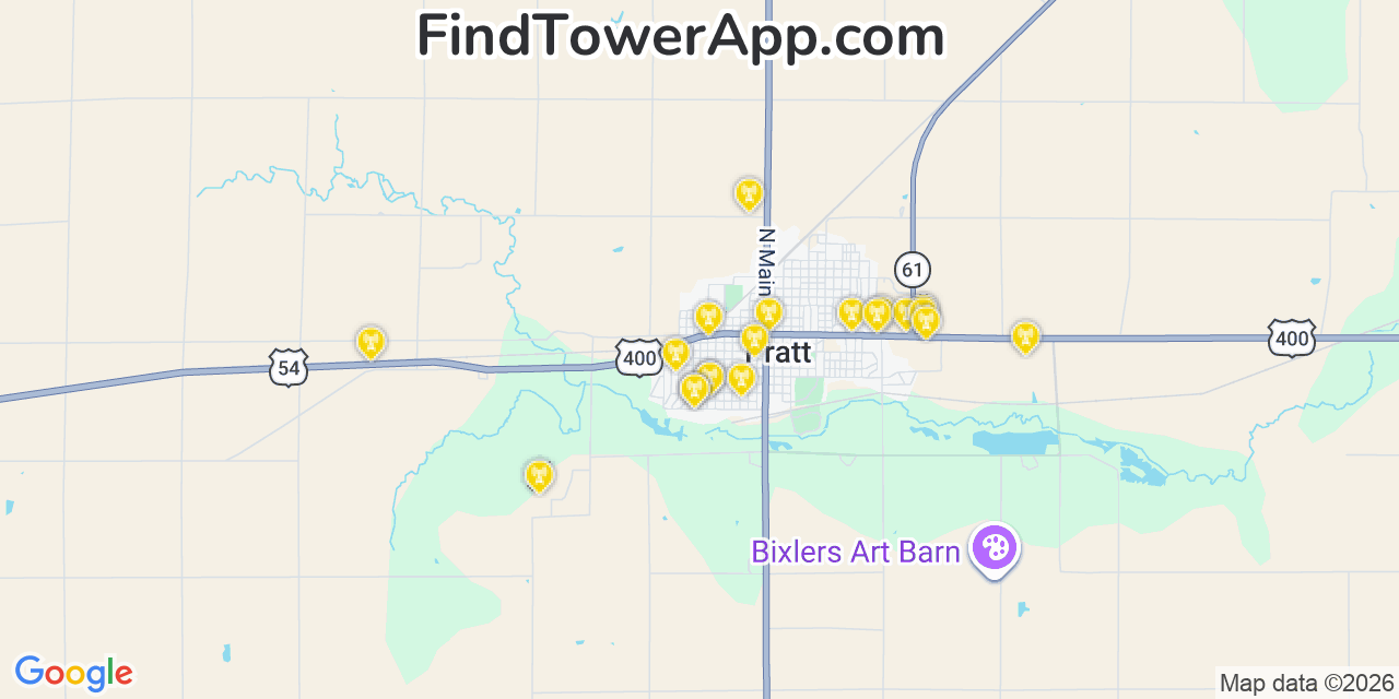 Map showing the 20 primary cell tower locations detected in Pratt, Kansas from AT&T, Verizon, and T-Mobile networks