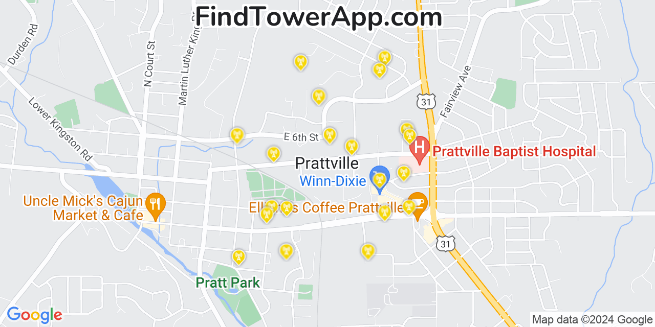 AT&T 4G/5G cell tower coverage map Prattville, Alabama