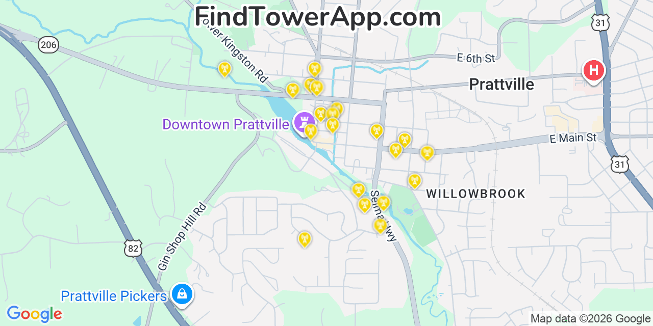 Map showing the 20 primary cell tower locations detected in Prattville, Alabama from AT&T, Verizon, and T-Mobile networks