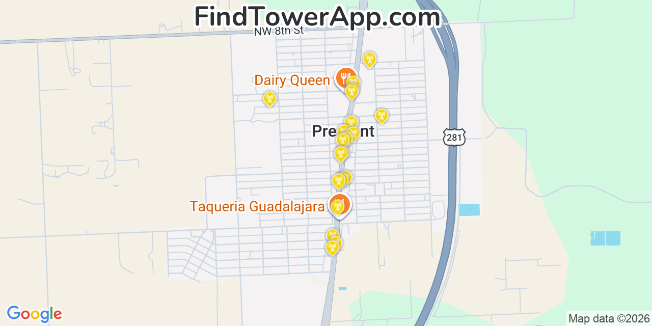 Map showing the 20 primary cell tower locations detected in Premont, Texas from AT&T, Verizon, and T-Mobile networks