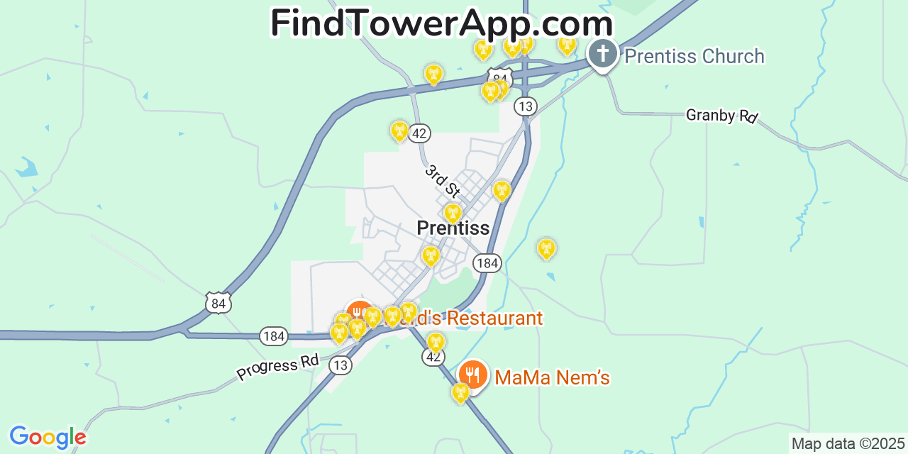 Map showing the 20 primary cell tower locations detected in Prentiss, Mississippi from AT&T, Verizon, and T-Mobile networks