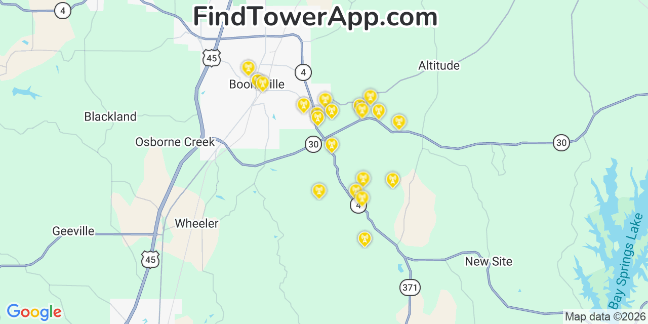 Map showing the 20 primary cell tower locations detected in Prentiss, Mississippi from AT&T, Verizon, and T-Mobile networks